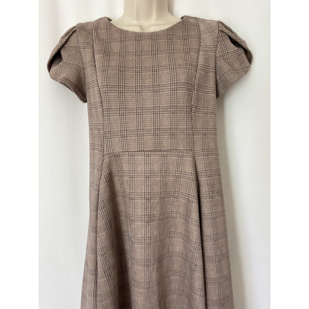 Vtg Calvin Klein Dress 4 Knee Fit & Flare Plaid Check Brown Soft Puff Sleeve - Picture 2 of 14